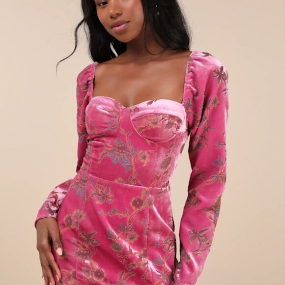 Lulus Dresses & Skirts - Lulus Simply Decadent Pink Floral Velvet Burnout Bustier Mini Dress Fairycore L